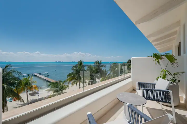 The master balcony at Casa Azul looking down to the beach and the dock