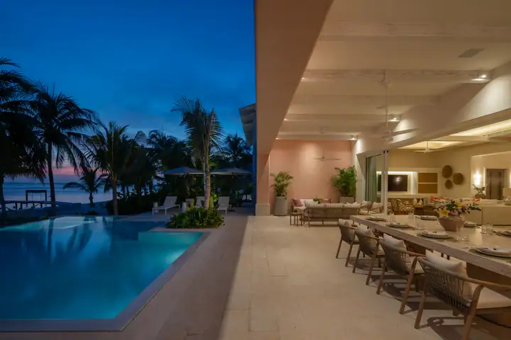 The terrace and pool at Casa Coral at blue hour