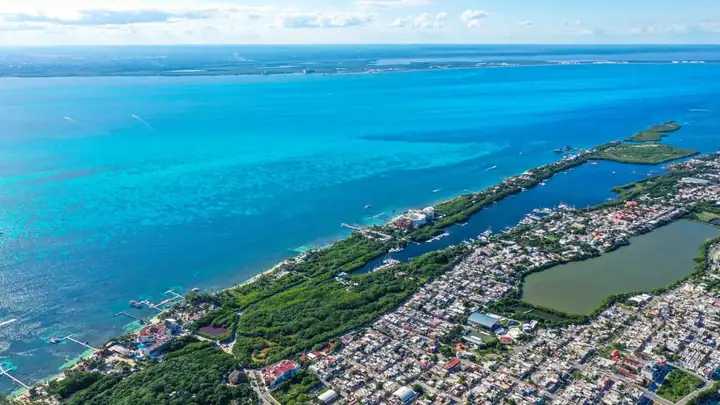 The lagoon and the length of Isla Mujeres seen from above