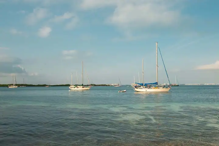 Sailboats at anchor in the calm water off Isla Mujeres